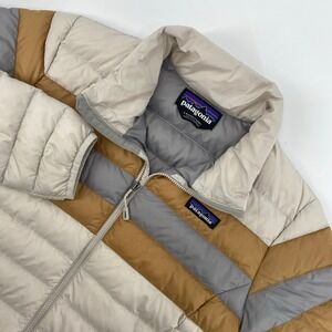 Patagonia Down Sweater Jacket Womens Large Tan Brown Colorblock Puffer 84683